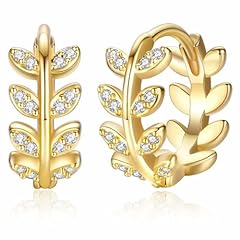 Gold Olive Leaf CZ Huggie Earrings