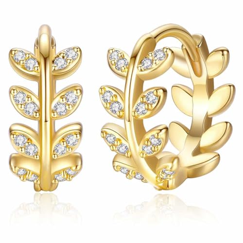 GLOQUAT Olive Leaf with Zirconia Huggie Hoop Earrings 18K Gold Plated Hypoallergenic Lightweight Hoop Earrings Cubic Zirconia Cuff Earrings Huggie Stud Jewelry Gifts 10mm