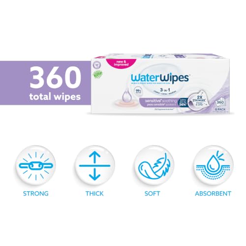 WaterWipes Sensitive+ Soothing Wipes, 3-In-1 Cleans, Cares, Soothes, 99% Water with Botanical Extract, Unscented & Hypoallergenic Baby Wipes, 360 Count (6 Packs) β image 2