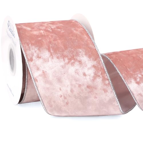 Image of Ribbli Light Pink Velvet Wired Ribbon 4 Inch Metallic Pink Silver Crushed Velvet Christmas Ribbon for Gift Wrapping Christmas Tree Decoration Crafts Wreaths Supplies-Continuous 10 Yards
