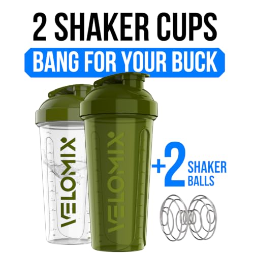Image of VELOMIX -2 Pack- 28 oz Protein Shaker Bottles for Protein Mixes - 2x Wire Whisk | Leak Proof Shaker Cups for Protein Shakes and Pre Workout | Protein Shaker Bottle Pack (Forest Green)