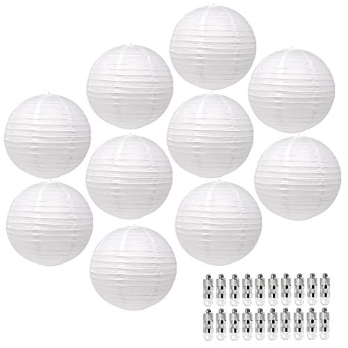 White Paper Lanterns Decorative Party Lanterns - Hanging Paper Lanterns with Lights - Chinese Lanterns Decorations by Mudra Crafts Round 12 Inches Pack of 10