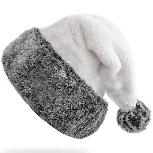 MROMT White Santa Hat Adult Plush Xmas Fluffy Christmas Hat for Men Women Adults