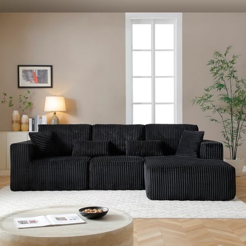 Image of 108 inch Boneless Cloud Sectional Couches for Living Room, Comfy Fluffy L Shaped Memory Foam Deep Seat Boneless Couch, Modular Sectional Sofa with Right Facing Chaise, Dark Black