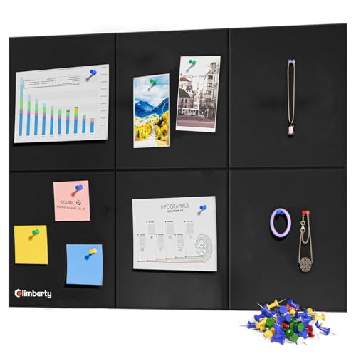 Image of Climberty 6Pcs Felt Blanket Bulletin Board 30x30cm Self-Adhesive Wall Pin Board with 50 Drawing Pins for Notes Photos Reminders Home Office Decor (Black)