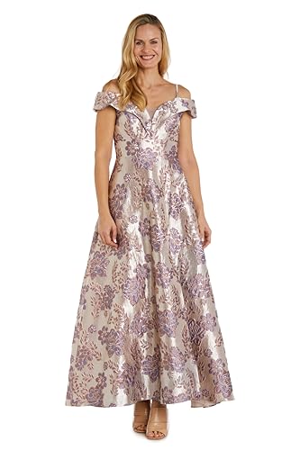 Image of Long Off-The-Shoulder Metallic Floral Brocade Gown