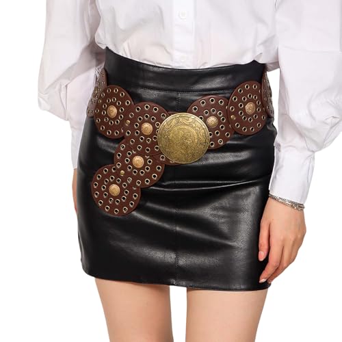 Women's Y2K Hollow Wide Disc Belt Boho Floral Leather Belt Western Cowboy Chunky Metal Buckle Concho Waist Belts2
