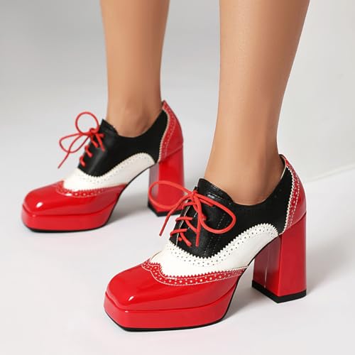 SACFOF Women Platform Oxford Shoes Lace Up Square Toe Wingtip Vintage Chunky Heel Ankle Booties Block High Heel Platform Pumps2