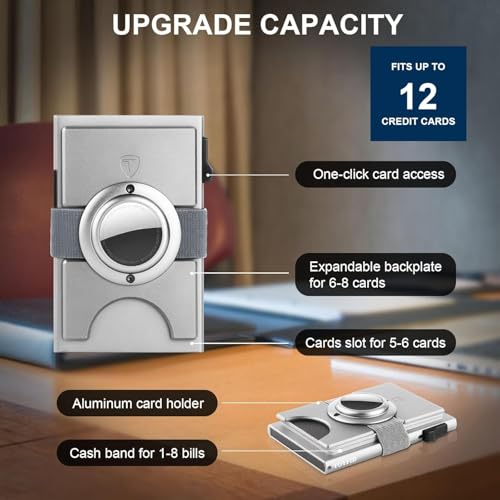 Image of TOYFID Minimalist Wallet for Men,Slim Wallet Compatible with AirTag,Card Holder Metal Wallet,Pop Up Wallet,Metal Card Holder,Quick Access Card,Rfid Blocking Protection,Hold 12+ Credit Cards (Silver)