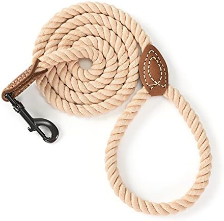Mile High Life Braided Cotton Rope Leash with Leather Tailor Handle and Heavy Duty Metal Sturdy Clasp (Light Brown, 4 FT)