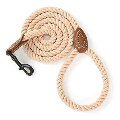 Mile High Life Dog Leash | Braided Cotton Rope Dog Leashes with Leather Tailor Tip | 4 Feet Dog Leash w Heavy Duty Metal Clasp | Wedding Dog Leash (Light Brown, 48 Inches) Cover