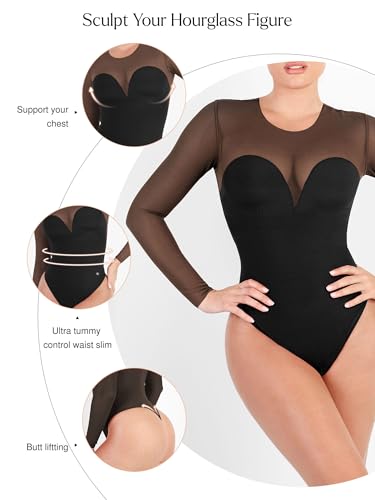 Popilush Long Sleeve Body Suits Womens Tummy Control Mesh Shapewear Bodysuit Sheer Mock Neck Going Out Tops Fall Outfits4