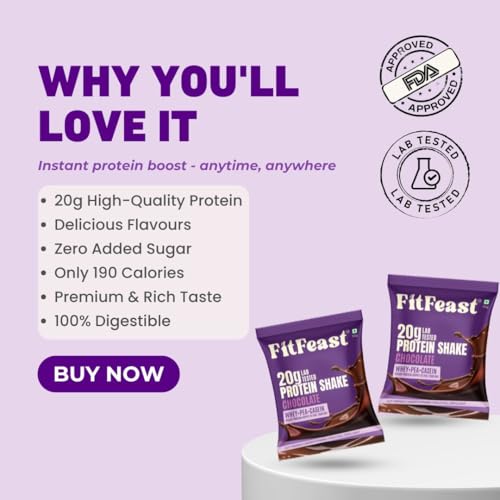 Image of FitFeast Protein Shake Sachet - Chocolate, Pack of 7 | 20g Triple Blend Protein Per Serve| 45:35:20 Whey, Pea & Casein Blend Protein Powder| No Maltodextrin | 0 Added Sugar | As Seen on Shark Tank