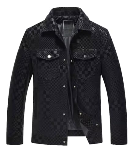 FTIMILD Mens Checkboard Faux Leather Jacket Lightweight Buttoned Jacket with Multiple Practical Pockets