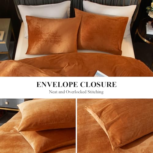 Ivellow Velvet Duvet Cover Queen Set Burnt Orange Queen Comforter Cover 3Pcs Ultra Soft Breathable Solid Luxury Flannel Velour Duvet Cover Zipper Closure Corner Tie