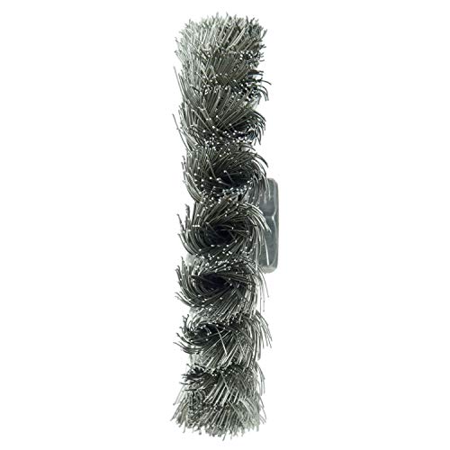 Image of Weiler 13113 Dualife 5 /8 inch-11 Arbor, 0.014 inch Wire Size, 4 inch Diameter, 1 /2 inch Face Width, 302 Stainless Steel Bristles, Standard Twist Knot Wire Wheel Brush, 0.014 Wire Size / 5 /8 inch-11 UNC Arbor, Made in the USA