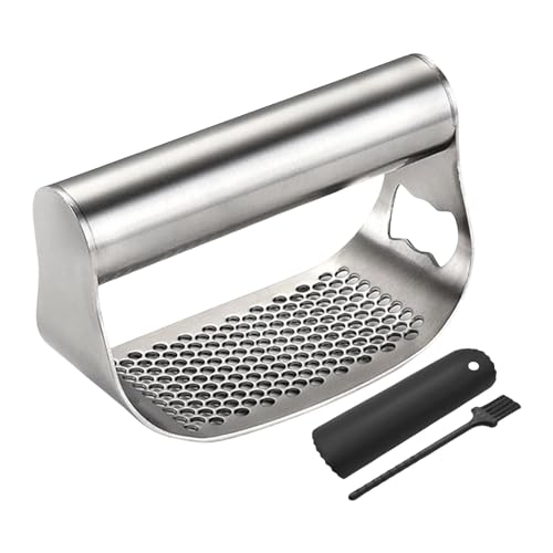 Garlic Press Rocker Stainless Steel Garlic Rocker, Garlic Cradle, Garlic Cutter, Stainless Steel Garlic Press Rocker Mincer Crusher Cooking Device Garlic Mill with Garlic Peeler, Brush