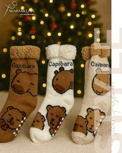 Boys & Kids Slipper Socks – Cozy Sherpa Lined Thermal Socks with Non-Slip Soles – Cute Capybara Winter Designs – Warm Indoor Socks for Children2