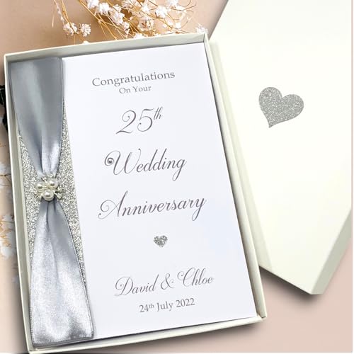 25th Wedding Anniversary Card - Silver 25 Year Twenty Fifth Anniversary Luxury Greeting Card, Personalised Gift for Wife, Husband, Couple, Friends - A5 Card - 20 Colours to Choose