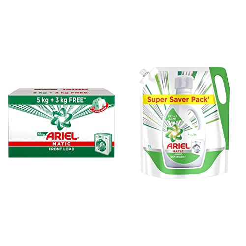 Image of Ariel Matic Front Load Detergent Washing Powder - 5kg Plus 3kg & Ariel Matic Liquid Detergent Front Load Refill Pouch, 2 Litre