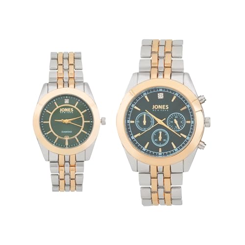 Image of Jones New York Men's and Women's Quartz Movement Shiny Two-Tone Metal Bracelet His and Her Couple Analog Watches Gift Set, M0022S-42-X34, Two Tone, 42mm