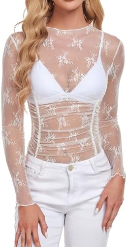 ZAFUL Women Mesh Long Sleeve Tops Lace Mock Neck Sheer See Through Shirts Ruched Floral Slim Fit Blouse