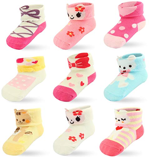 Cottock 9 Pares de Calcetines Antideslizantes para Niñas Pequeñas, Calcetines de Agarre para Bebés Recién Nacidos, Calcetines de Algodón Antideslizantes (12-24 meses, 9 Pares) Cover