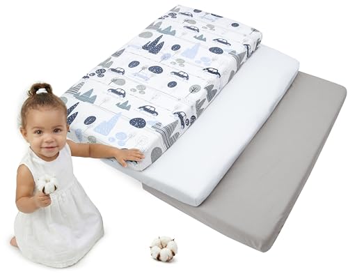 Medi Partners Lenzuola Lettino Set 3 Neonato 60x120-100% Cotone Lenzuolo con Angoli Culla Coprimaterasso fitted Materassino Sheet Letto Bambino Lenzuolino (Auto Retrò-Bianco-Grigio)