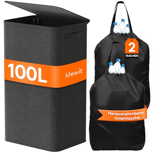 Lifewit 100L Pfandflaschen Sammelbehälter mit Deckel, Schwarz – Ansicht 1