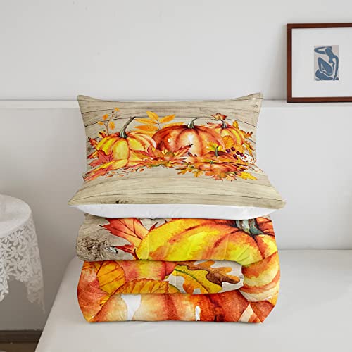 Happy Thanksgiving Fall Harvest Comforter Set Farm Leaves With Pumpkin Quilt Queen, Rustic Barn Door Bedding Set Autumn Maple Farmhouse Duvet Insert For Kids Boys Girls Teens Adult, Brown Gold #TOP4