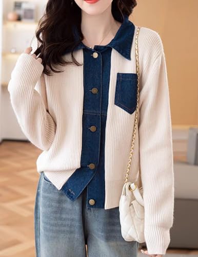 Image of Womens Sweaters Patchwork Denim Sweater Cardigan Long Sleeve Chunky Knit Cardigans Fall Cardigan
