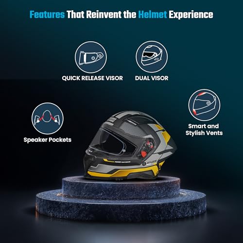 Image of STUDDS Helios Asphalt Full Face ISI and DOT Certified Helmet with Dual Visor MATT Black & Yellow - M