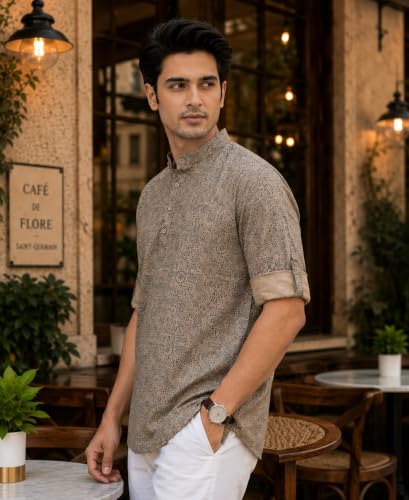 Image of Majestic Man Men's Cotton Regular Fit Short Printed Designer Kurta