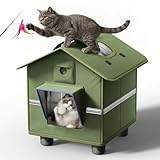 Outdoor Cat House for Outside with Elevated Base, Folding Roof Design and Cat Toys, Feral Stray Shelter Weatherproof in Garage Yard Porch, for Cats Up to 12 lbs