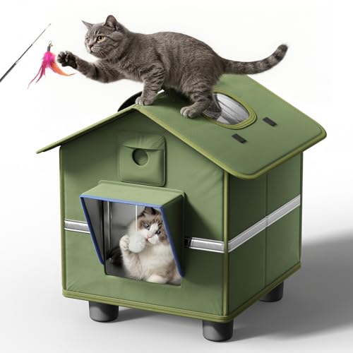 Outdoor Cat House for Outside with Elevated Base, Folding Roof Design and Cat Toys, Feral Stray Shelter Weatherproof in Garage Yard Porch, for Cats Up to 12 lbs