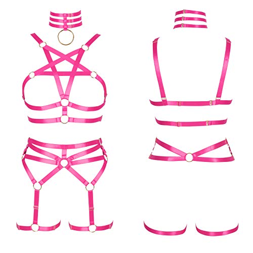 Full Body Harness Womens Leg Belt Stockings Garter Belts Lingerie Elastic Suspender Belt Plus Size Punk Gothic Rave (Rose Red) #TOP1