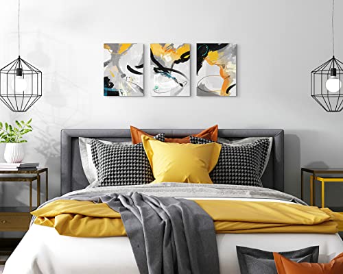 Abstract Wall Art Canvas 3 Piece Pictures For Living Room Wall Decoration Framed Yellow Black And Grey Art Wall Decor For Bedroom Bathroom Decor Teal Modern Wall Prints Home Decorations #TOP2