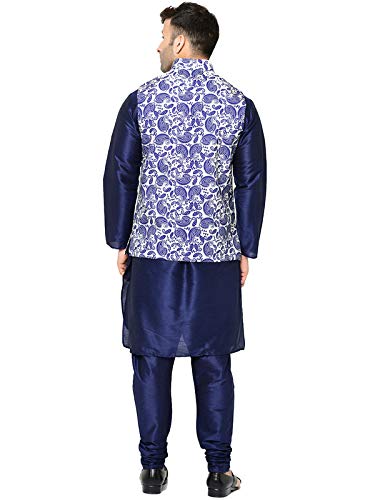 Image of SAIFOO Men's Silk Navy Blue Kurta Pyjama & Printed Nehru Jacket