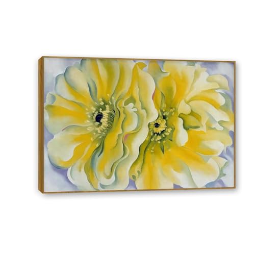 Toile Fleur de cactus jaune cadre teck : art de prestige 100x70cm