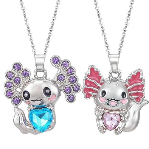 2Pcs Cute Axolotl Necklace Metal Axolotl Crystal Pendant Necklaces 19 Inch Unisex Rhinestone Necklace Charm Good Lluck Jewelry Cute Animal Jewelry Gift(Blue Pink)