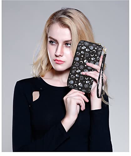 Image of Checkered Cow Print Wallet For Women Skull Goth Frog Butterfly Turtle Ladies Cluth Wristlet Wrist Strap Long Purse Zip Around Card Holder