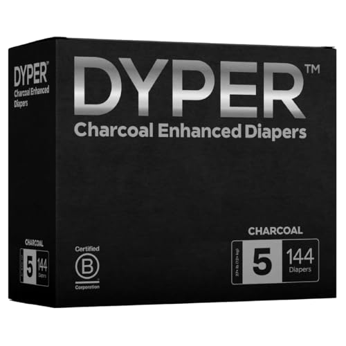 DYPER Charcoal Enhanced Diapers | Baby Diapers from Plant-Based* & Honest Materials | Day & Overnight Diapers | Disposable Diapers for Sensitive Skin (Size 5, 144, Count)