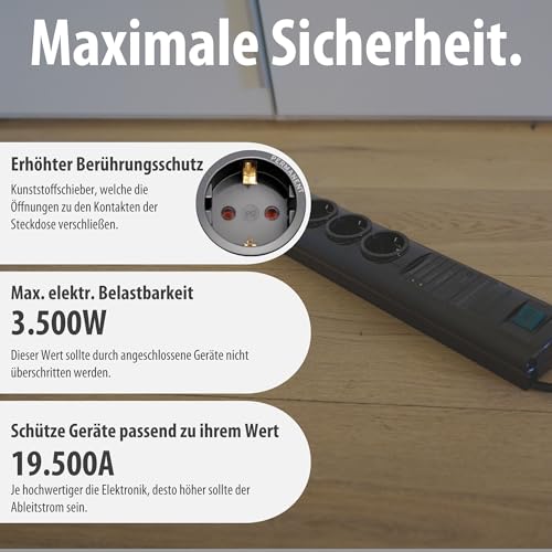 Brennenstuhl Primera-Tec Steckdosenleiste 7-Fach mit &Uuml;berspannungsschutz 19.500A (Steckerleiste mit 2m Kabel, Schalter, Main Follow Funktion) schwarz