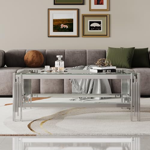 Silver Glass Coffee Table Rectangle Modern Luxury Living Room Table 47.2\" Clear Tempered Glass Chrome Stainless Steel Leg, Sofa Center Cocktail Table, Silver