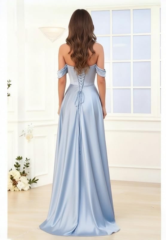 Off Shoulder Bridesmaid Dresses with Slit Satin Ball Gown Pleated Formal Dress Evening Gown - Image 2