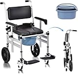Rolling Shower Chair with Wheels & Toilet Seat – 352lbs Capacity, Safety Belt & Brakes – Foldable Height Adjustable Shower Wheelchair for Bathroom, Home, Hospital (2 Small+2 Big Wheels, U-Plate)