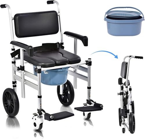 Rolling Shower Chair with Wheels & Toilet Seat – 352lbs Capacity, Safety Belt & Brakes – Foldable Height Adjustable Shower Wheelchair for Bathroom, Home, Hospital (2 Small+2 Big Wheels, U-Plate)