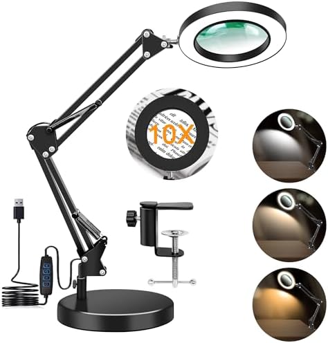 10X Magnifying Lamp With LED Light - Hands Free Clamp Magnifier For Crafts & Reading