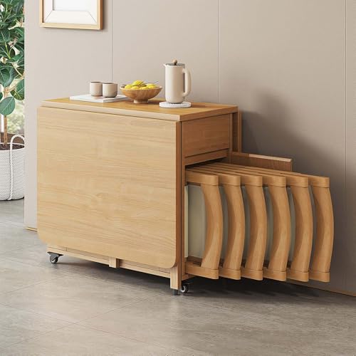 Juego de mesa de comedor extensible de madera maciza con 6 sillas acolchadas, diseño plegable para el hogar, sala de estar, cocina, restaurante, perfecto para espacios pequeños.