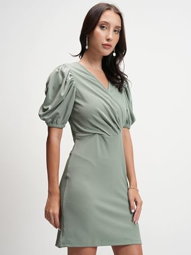 Image of Tokyo Talkies Womens Chic Sheath Mini Dress | Puff Short Sleeves for A Modern Elegance Sheath | Mini Length | Figure-Hugging Silhouette | Dress for Women | Women Dress | Stylish Women Dress